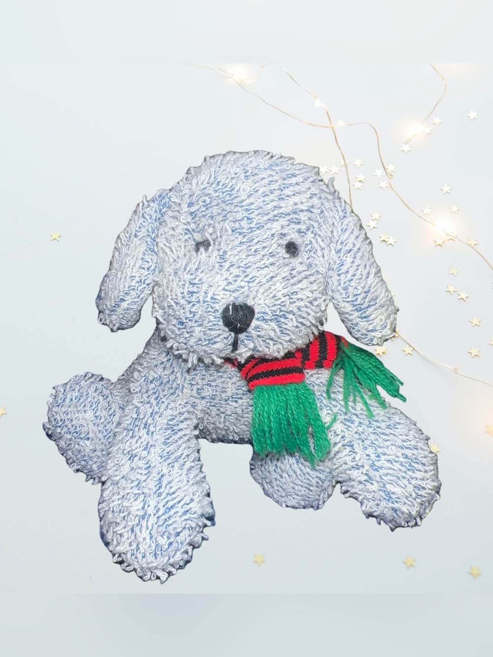 Vintage Russ Berrie Blue White Terrycloth Puppy Dog W/red Striped Scarf 5” HTF